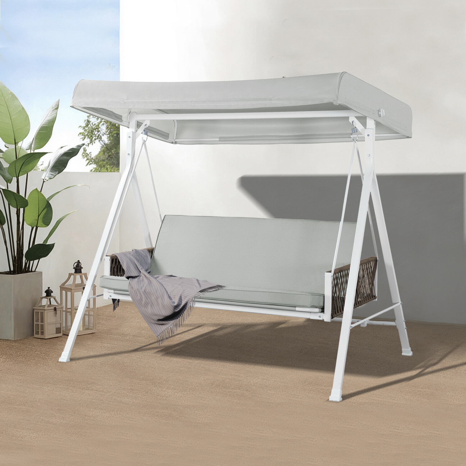 Outdoor Swing Chair with Adjustable Canopy AJUNION 3 Seater Swing Bed and Steel Frame