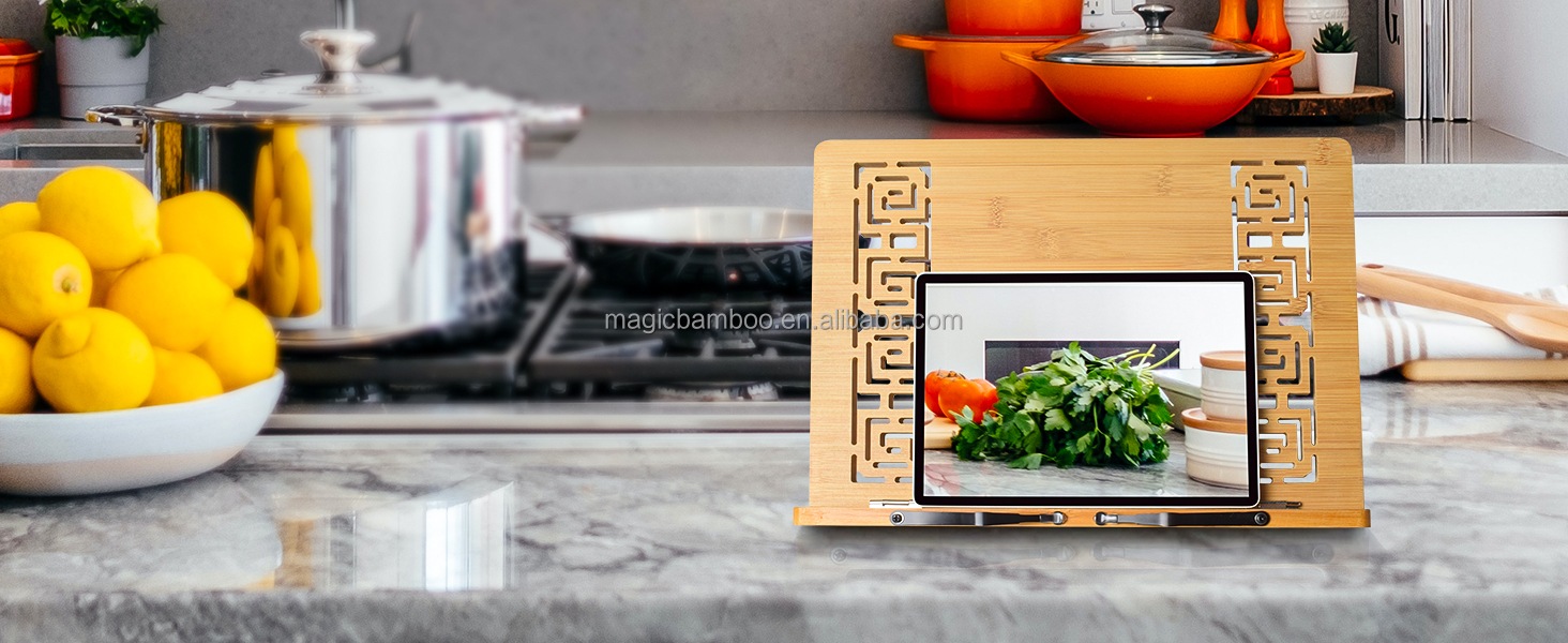 Rectangle Shaped Natural Bamboo Book Stand Tablet Holder with Retro Hollow Appearance