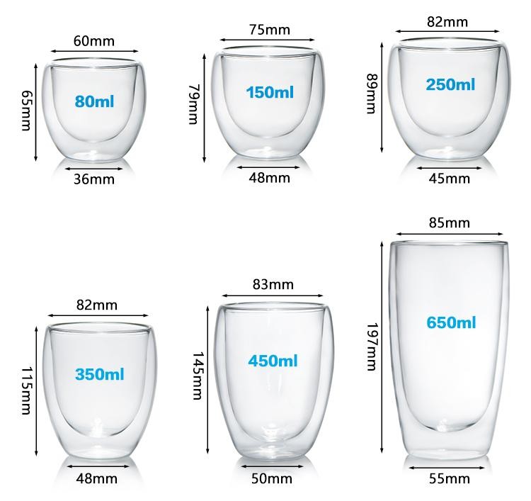 Empty Cappuccino Glasses Double Walled Insulated Glass Tumblers 350ml 650ml