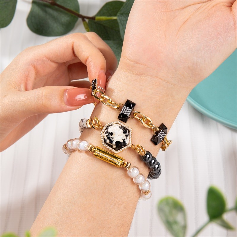 Golden Bar White Glass Crystal Beads Stretchy Bracelet Stackable Handmade Dainty