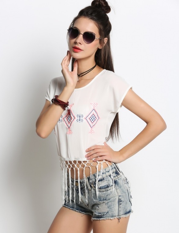 tops for women 2016 Women Round Neck Embroidery Tassel Blouse Crop Tops