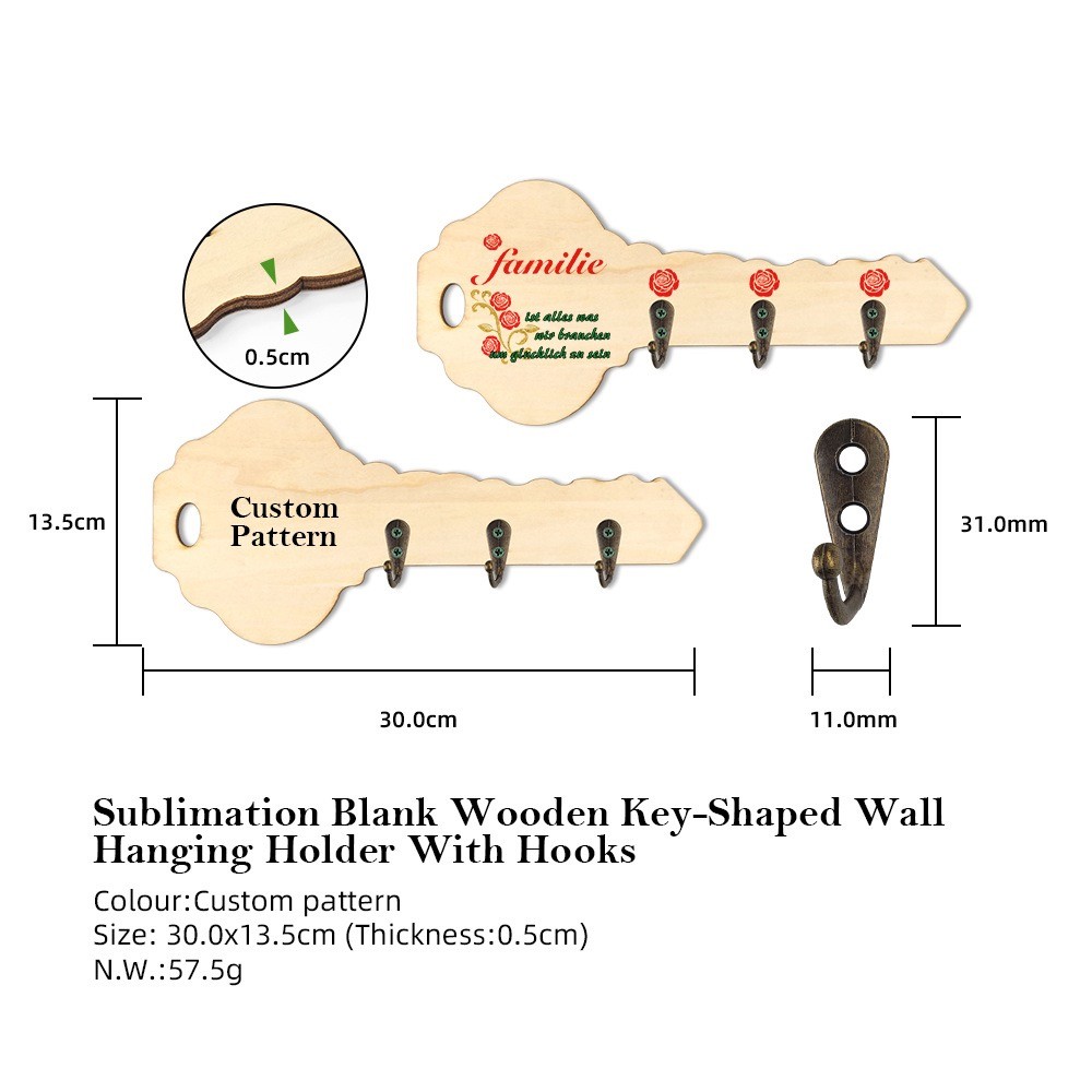 DIY Creative Sublimation Wooden Key Shaped Key Holder For Wall Custom Key Hanger