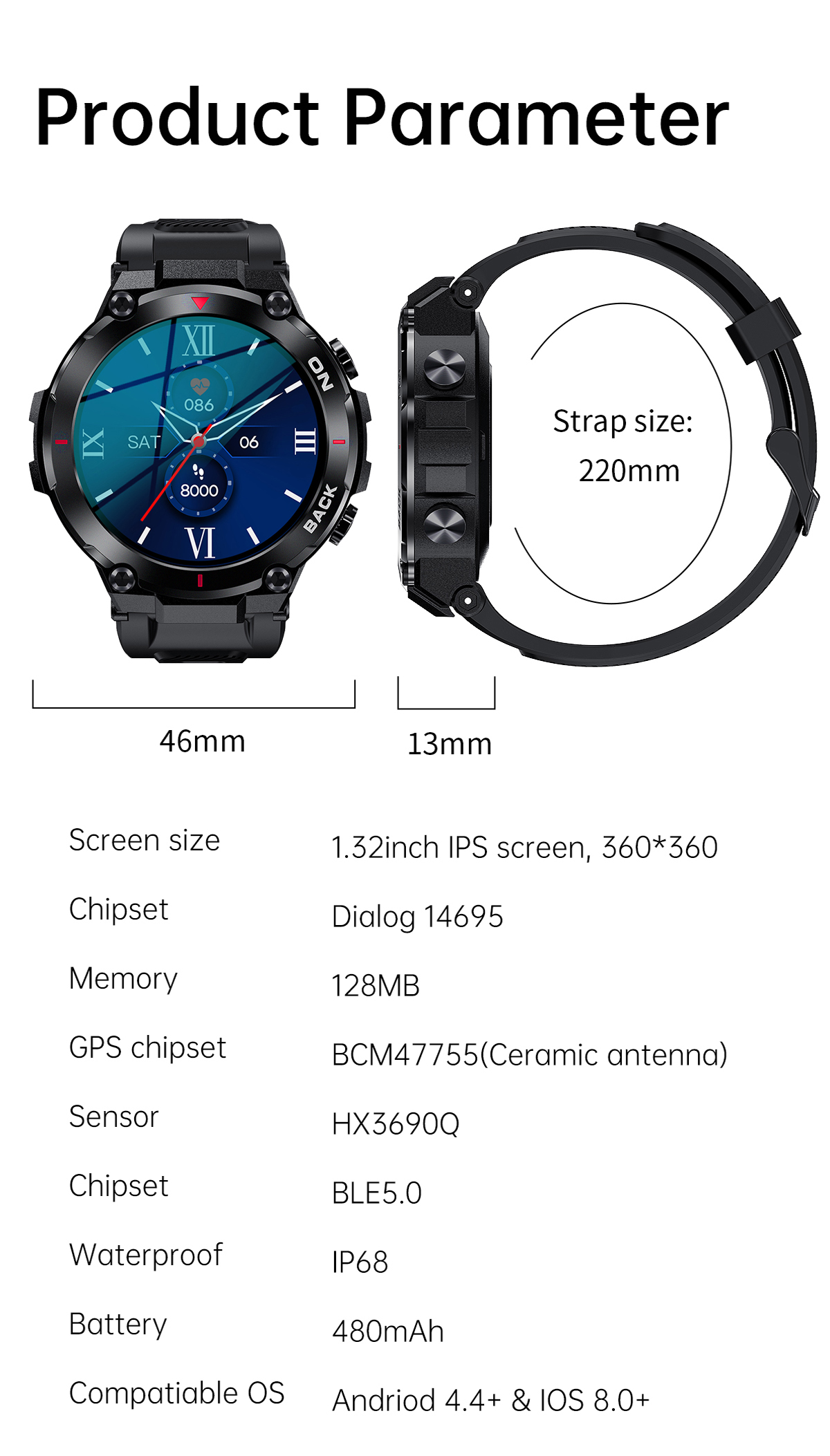 K37 AI Dial Smartwatch with GPS, Heart Rate, and Blood Oxygen Monitoring