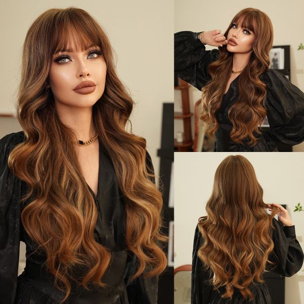 Fashion Long Body Wave Highlighted Hair Brown/Blonde Synthetic Wigs For Women