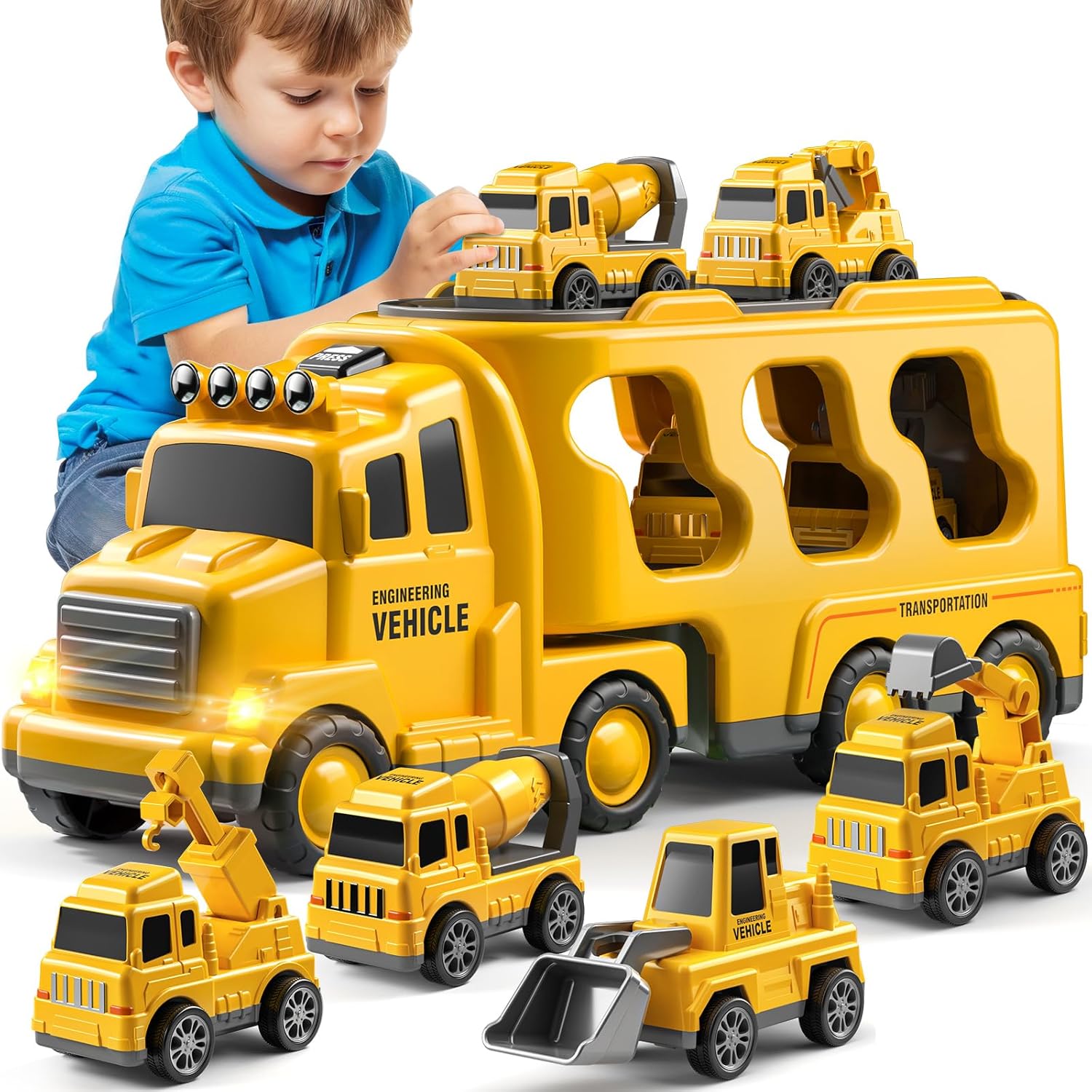 Friction Power Vehicle Toy Carrier Transport Trucks Car Set for Toddlers Age 2-4 Years