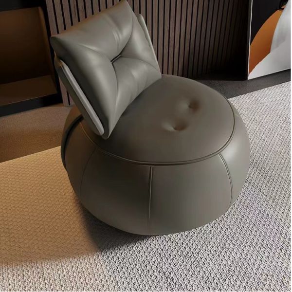 Leather Wood and Metal Modern Round Lounge Swivel Chair Contemporary Single Sofa Chair Living Room Leisure Furniture