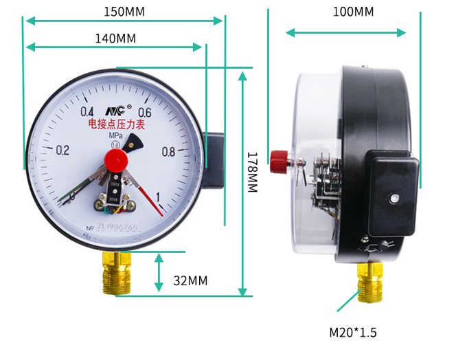 YXC-150 Magnetic Aid Electric Contact Pressure Gauge With Bottom Connection
