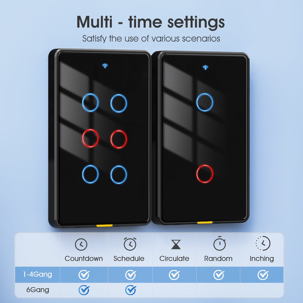 Tuya Smart WiFi 6 Gang Light Switch No Neutral Wire, Timing, Voice Control, RF433, Alexa & Google Home Compatible