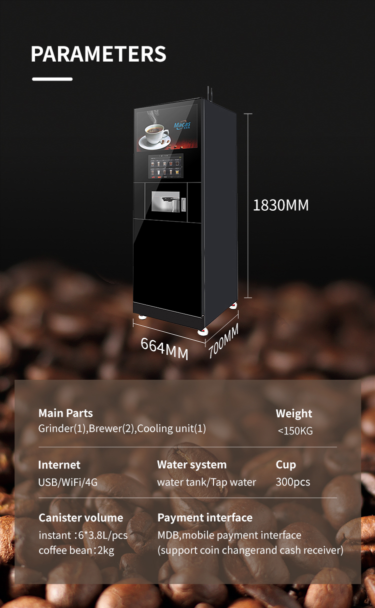 Freshly Ground Auto Cappuccino Vending Machine Free Standing With Cooler