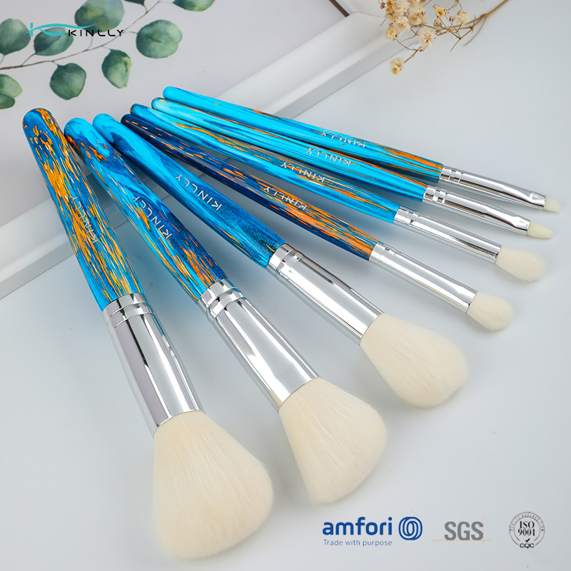 Blue Wooden BSCI ISO9001 7 Piece Makeup Brush Set