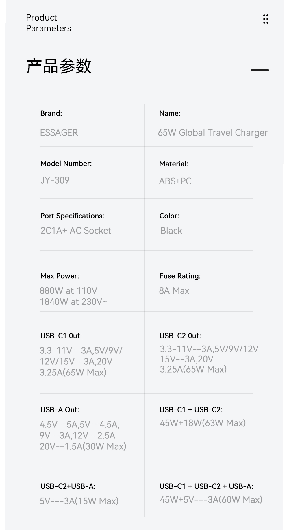 ESSAGER JY-309 Series 65W Universal Plug USB C PD Charger