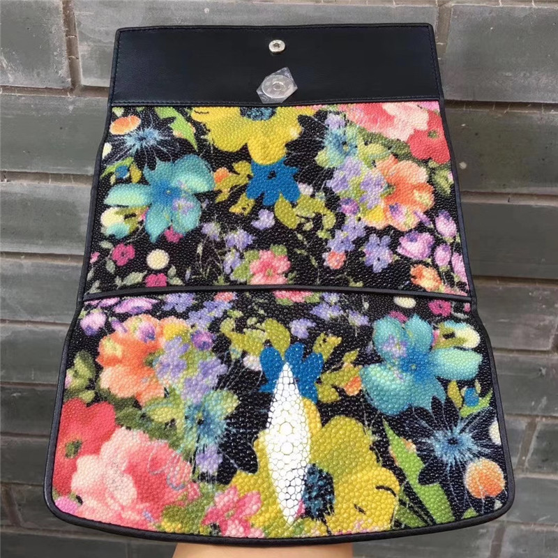 Authentic Stingray Skin Female Long Flower Trifold Wallet Genuine Leather Lady Large Clutch Bag Women Floral Coin Purse