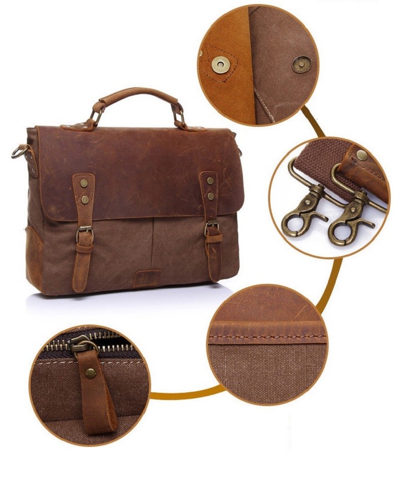 Retro Men Messenger Sling 15 Inch Canvas Leather Laptop Briefcase