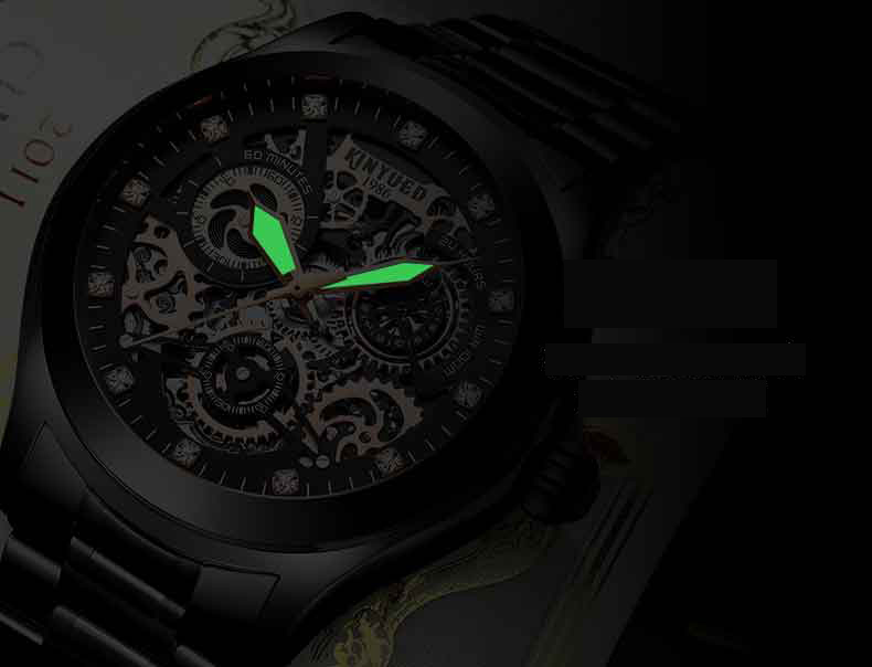 KINYUED oem waterproof custom logo leather fashion tourbillon skeleton wrist watch luxury automatic watches mens watch