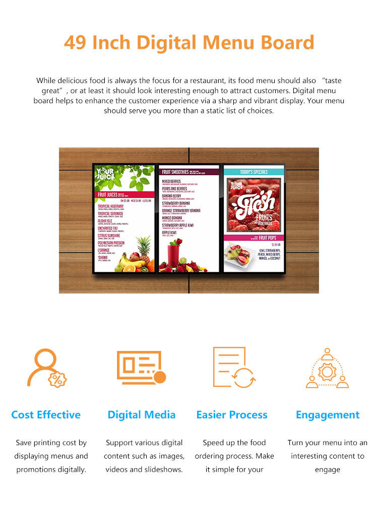 700 Nit 49 Inch Lcd Menu Board For Restaurant