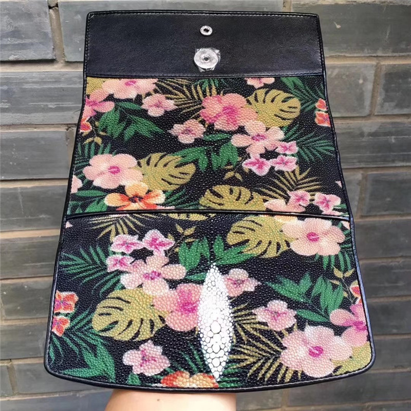 Authentic Stingray Skin Female Long Flower Trifold Wallet Genuine Leather Lady Large Clutch Bag Women Floral Coin Purse
