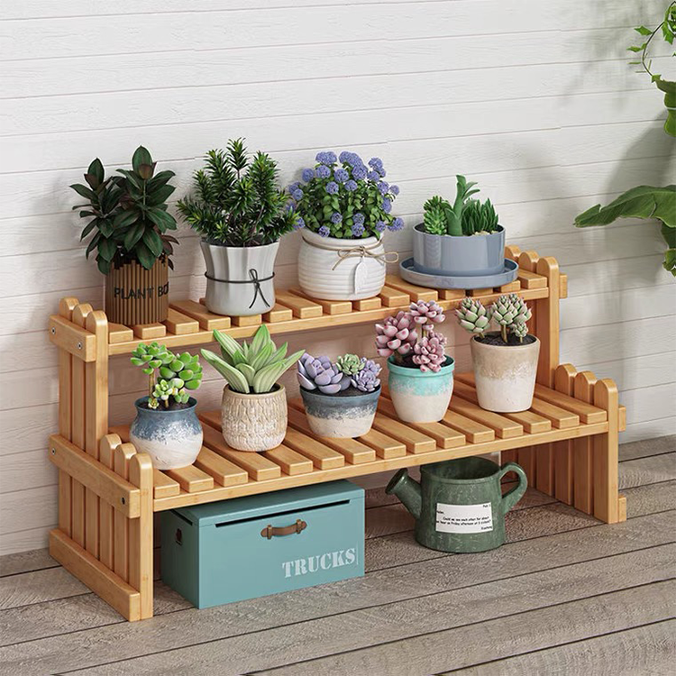 Space-Saving 2-Layer Bamboo Table Top Plant Stand for Flower Pot Storage 37x21.5x30cm