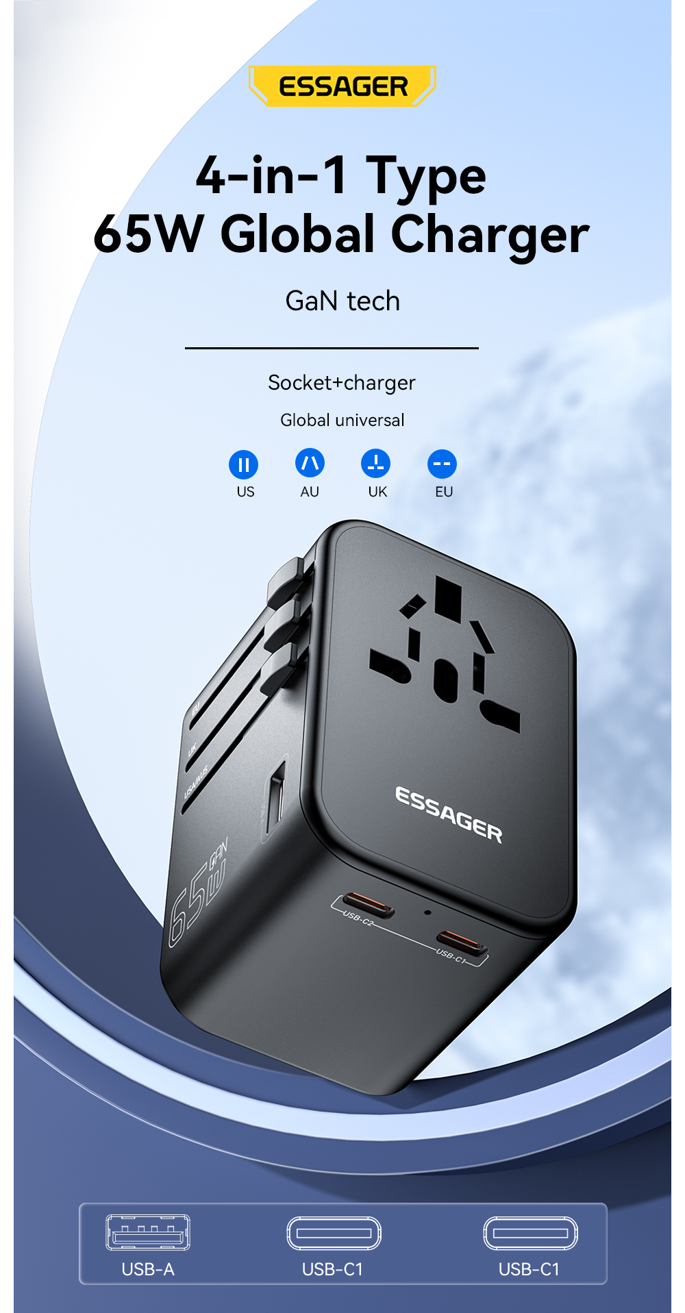 ESSAGER JY-309 Series 65W Universal Plug USB C PD Charger