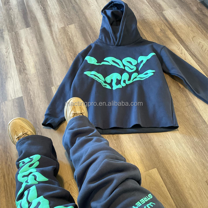 Cricket Cotton Tracksuit Custom Men'S Hoodie Set Puff Print Stacked Flared Pants