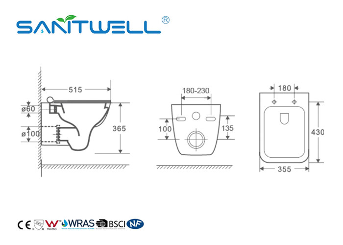 Rimless Flushing Wall Hanging Toilet Smooth Sewage Compact Structure ODM / OEM