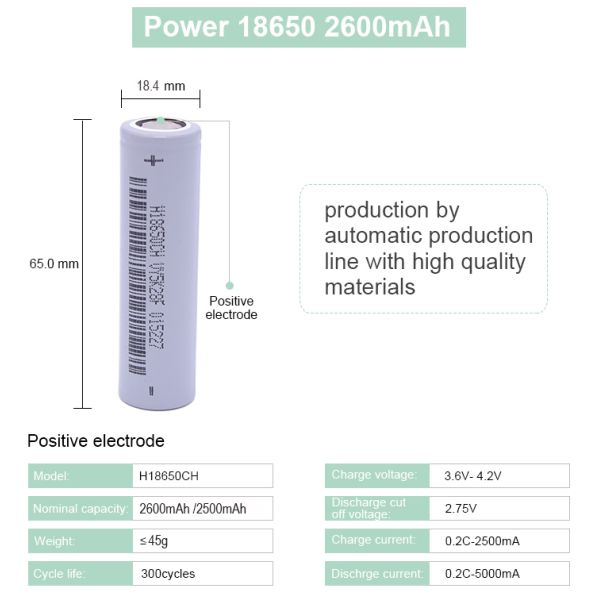 Deep Cycle Rechargeable Li-ion Dry ultra Thin 18650 2600mAh Battery Cell