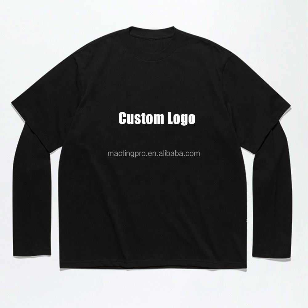 Graphic Printing Acid Stone Wash Vintage Double Layer Long Sleeve T Shirt for Men