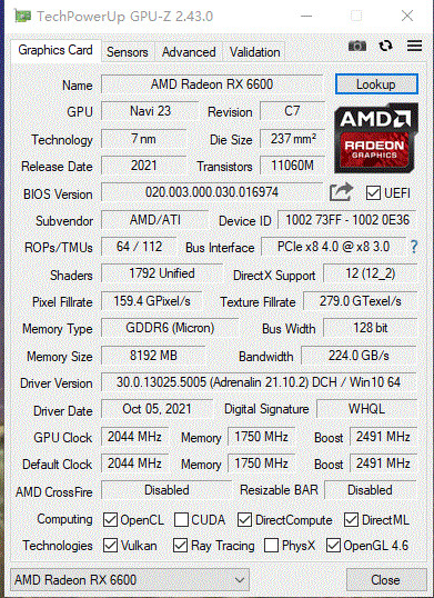 RX 6600 8G Graphics Card NON LHR 16000MHz 128bit For Miner