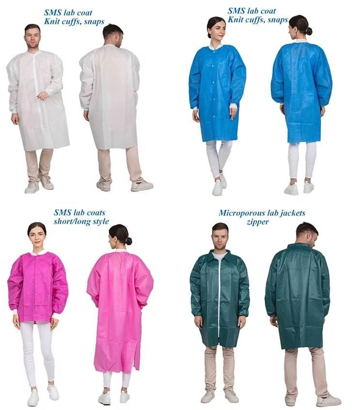 ISO CE Certificated Breathable Waterproof Nonwoven Disposable Non Eo Sterile Medical Lab Coat with Pockets Knitted Collar and Cuffs