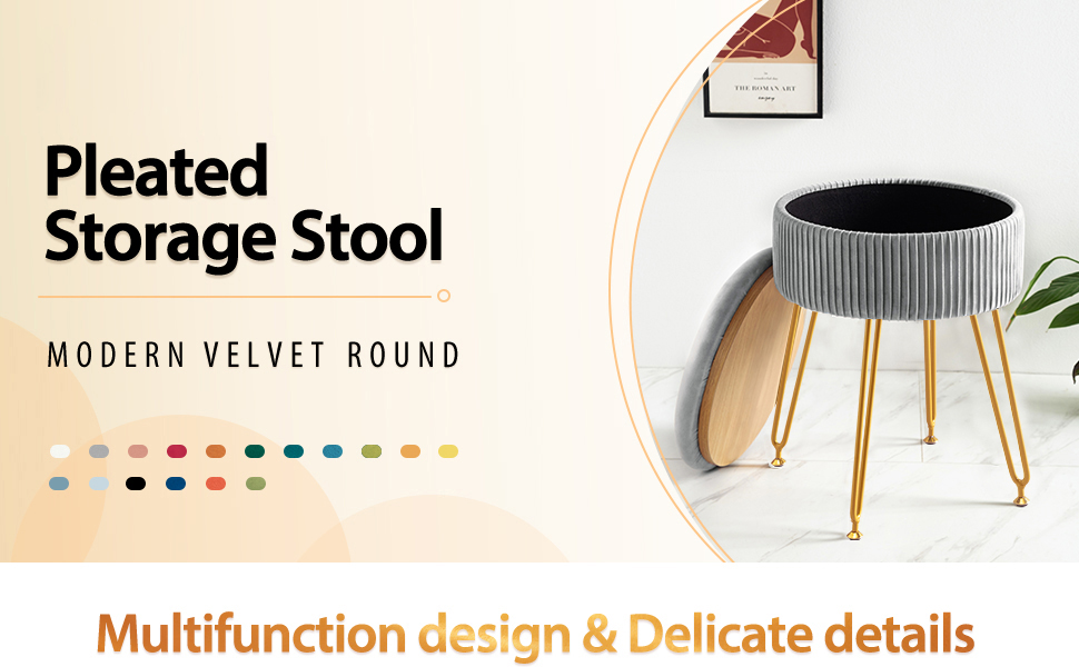 Custom Logo Velvet Storage Ottoman Footstool with Metal Legs and Round Footrest Stool