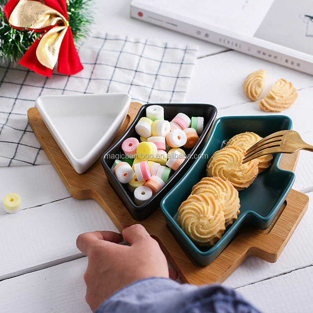 Festive Bamboo Table Tray with Three Removable Ceramic Dishes and Christmas Tree Shape
