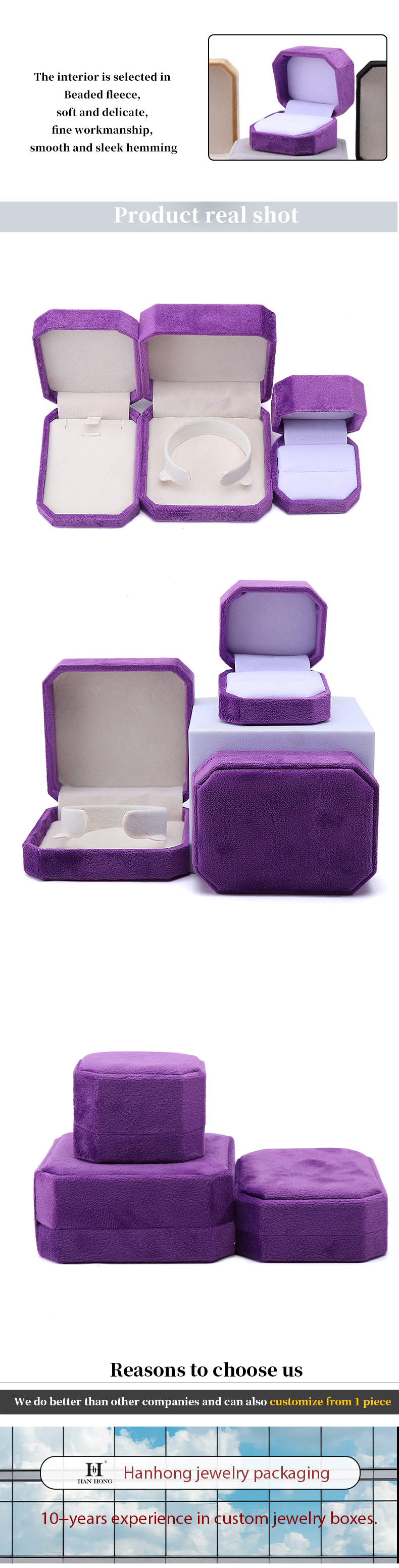 Jewelry Package Custom Octagonal Shape Purple Flannelette Box for Necklace Bracelet Ring