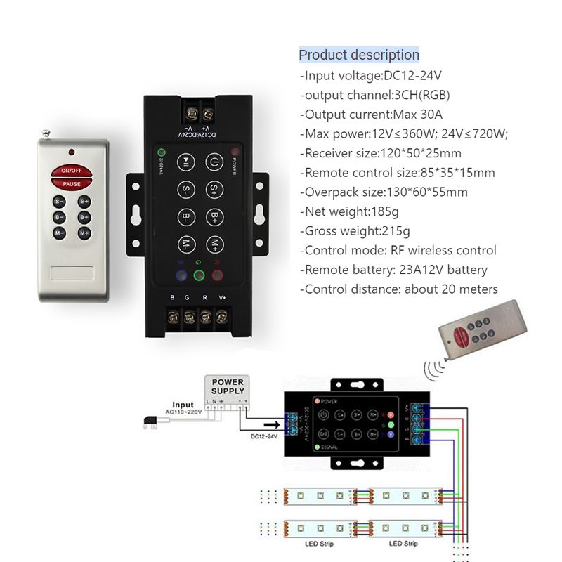 RF 8 Keys LED RGB Controller 720W DC 12V 24V With Iron Case 3 Channel