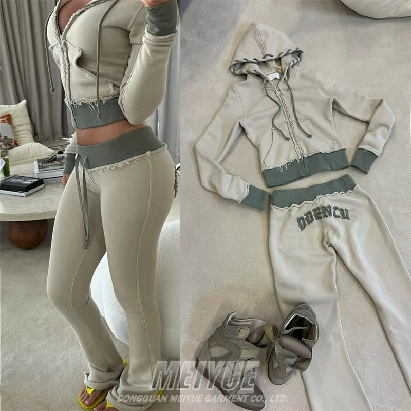 Custom Embroidery Distressed Crop Top Hoodie Joggers Set Womens Two Piece Set