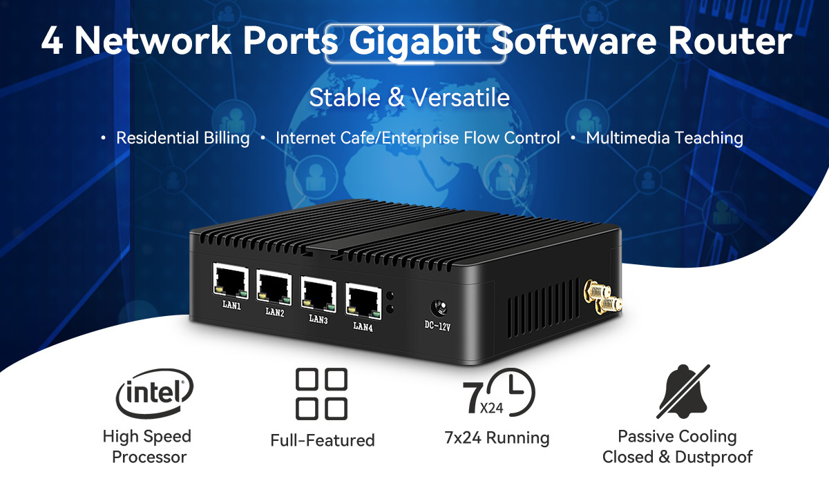4 LAN DDR3L Firewall Router Fanless Mini PC Intel Celeron Series J1900