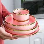 Gold Rim Pink Round Porcelain Dinnerware Set for Coffee shop