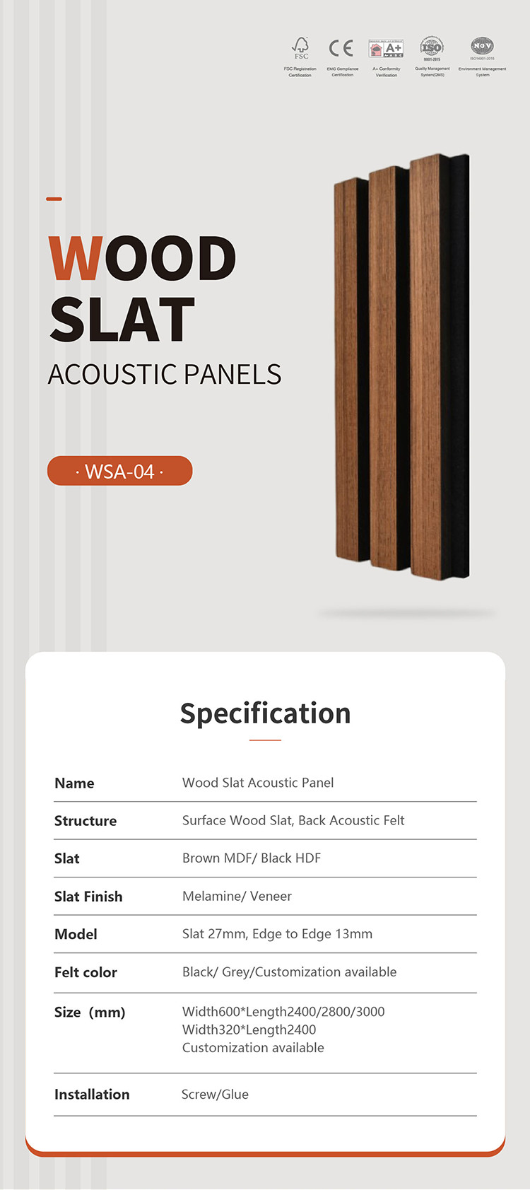 Veneer Finish Acoustic Wood Slat Panels With Felt Backing W600xL2400xT21mm