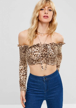 Women Frill Leopard Off Shoulder Crop T-shirt