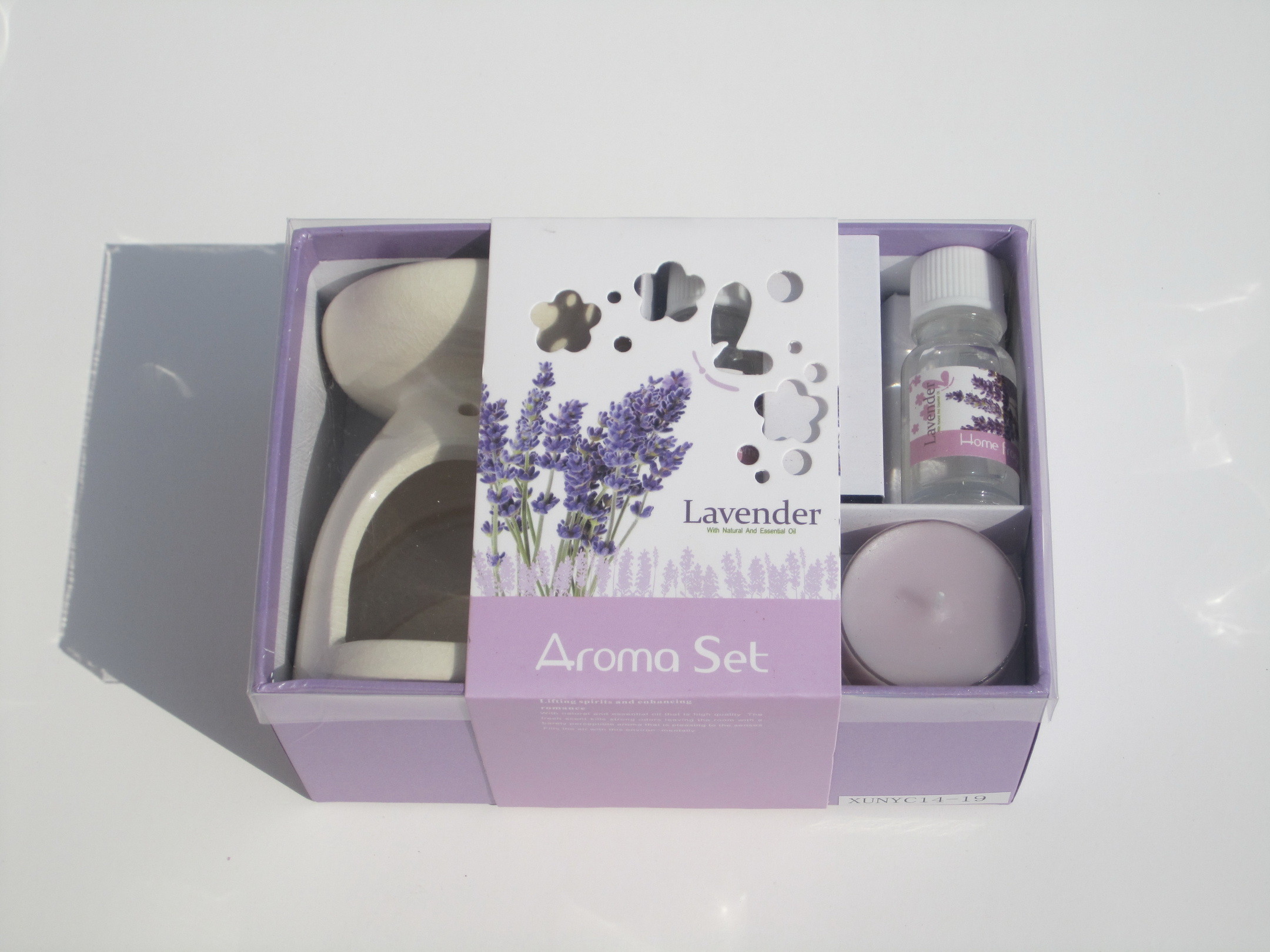 Pink lavender fragrance scented tealight candle & holder with printed label packed into gift box