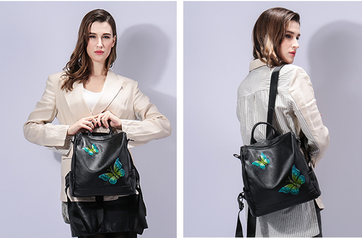 Fashion Institute Ladies Leather Backpack For Women , Butterfly Embroidery Printing