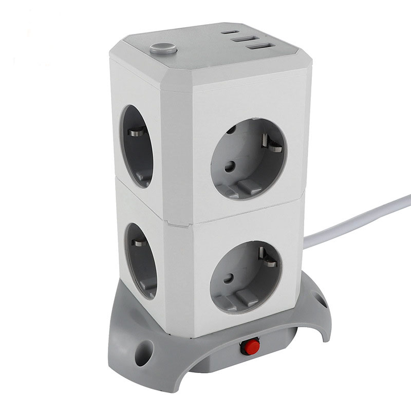 10A-16A Network Extension Lead Tower Black with Individual Switches 6Ac Outlet Usb and 10W Wireless Charger