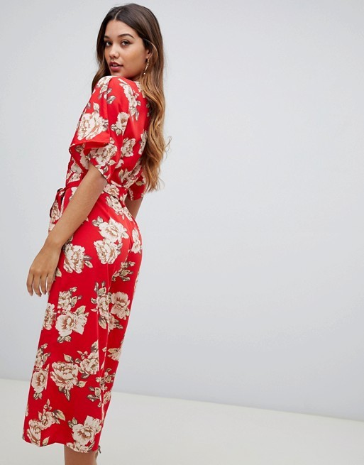 custom make V neck tie waist floral jumpsuit for girls