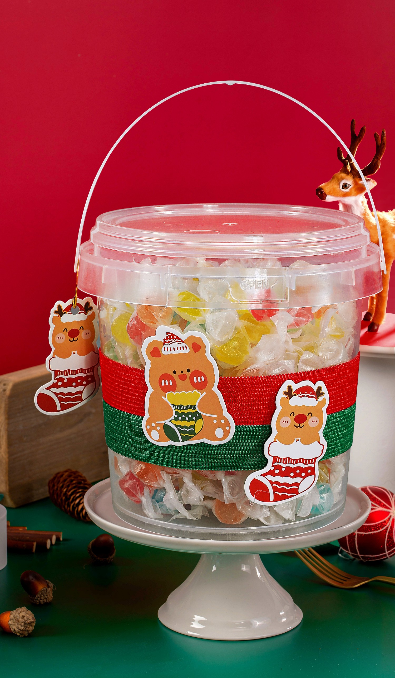 1L Thicken Decorative Round Plastic Buckets With Handle for Christmas Gift Toy Package