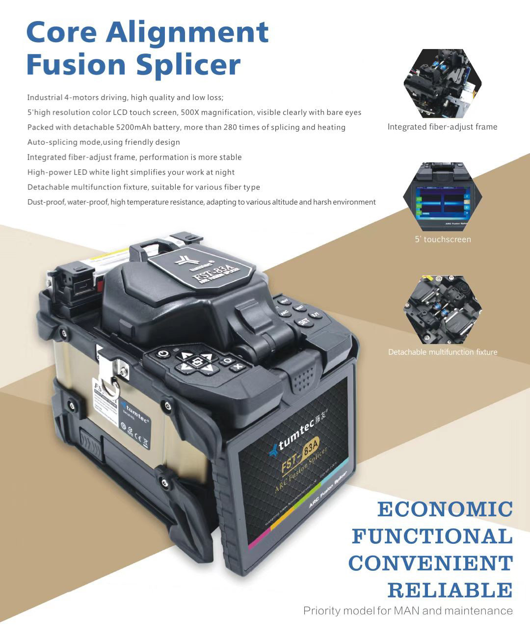 FST-83A Optical Fiber Fusion Machine 6 Motor Splicing Time 6 To 12S Length 20mm To 60mm