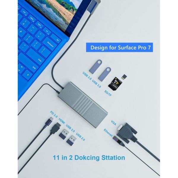 11 IN 2 USB C Hub PD 3.0 HDMI Display Link Technology Surface Pro 7 Hub Docking Station