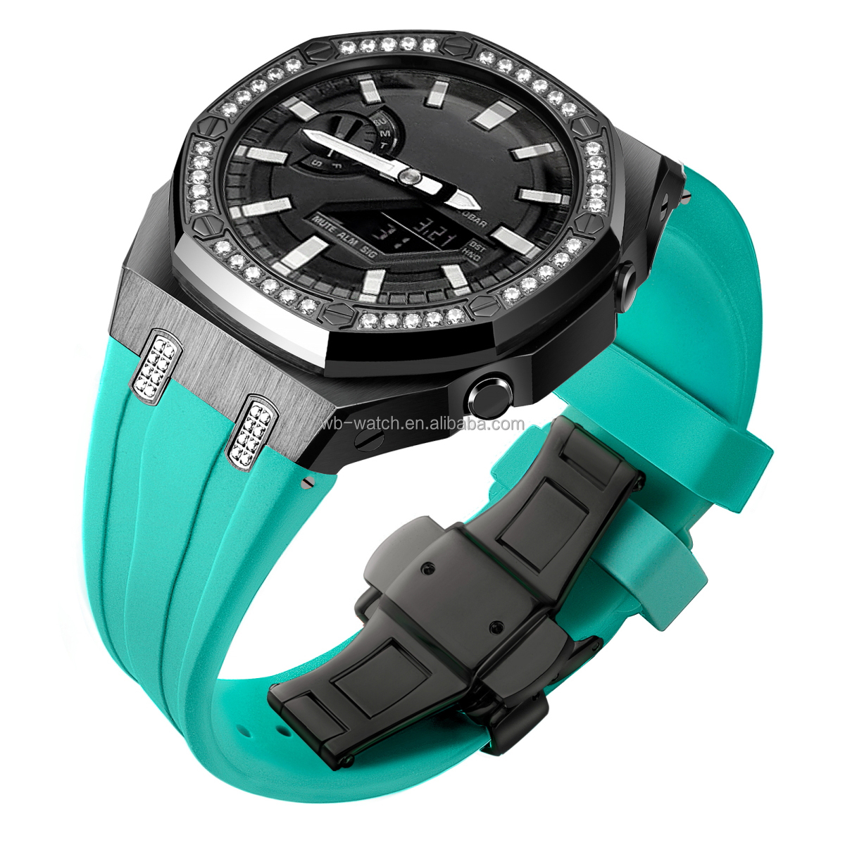 Casio Watch Modified Case Stainless Steel Diamond Watch Case And Silicone Strap Combo