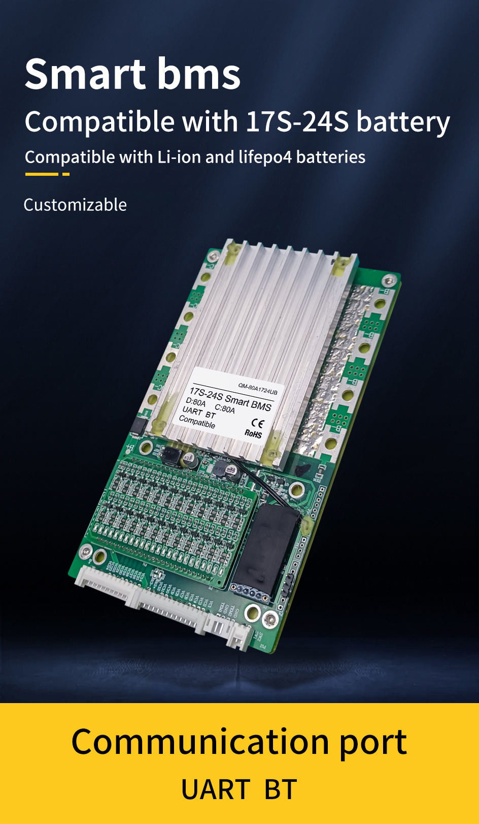Smart Battery Protection Board , BMS with balancer 17S-24S 80A With BT UART 60V 72V