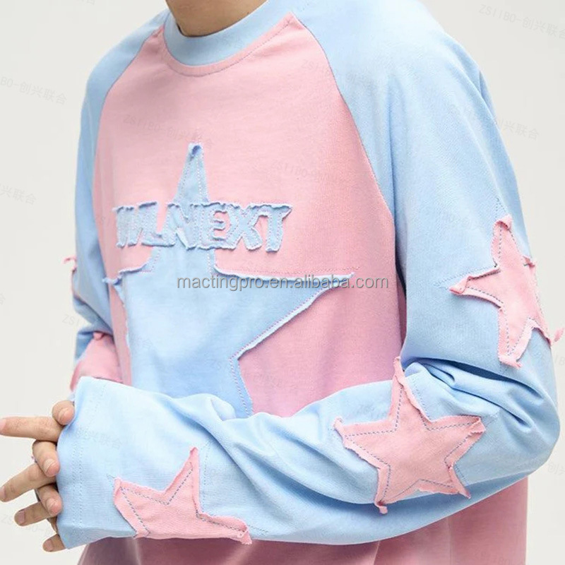 Custom Logo Applique Patchwork Embroidered Long Sleeve T-shirt for Casual Daily Life
