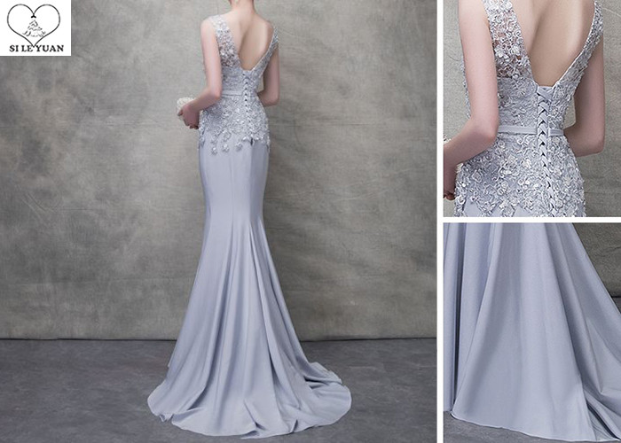 Sleeveless Silver Mermaid Style Prom Dress Lace Beaded Back Semi Nude Sweep Train