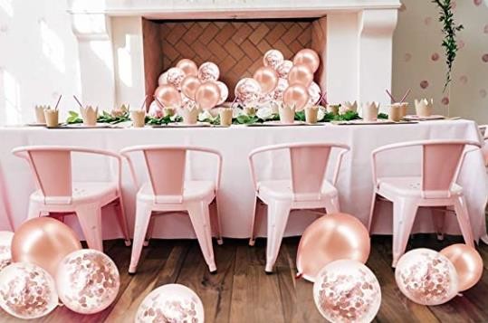 Gold + Pink Balloons + White Balloons + Confetti Balloons w/Ribbon | Rosegold Balloons for Parties
