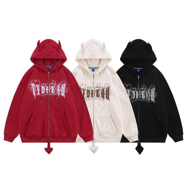 8oz 12 Ounce Zipped Hooded Sweatshirt Devil Horn Printed Fleece Blank Unisex